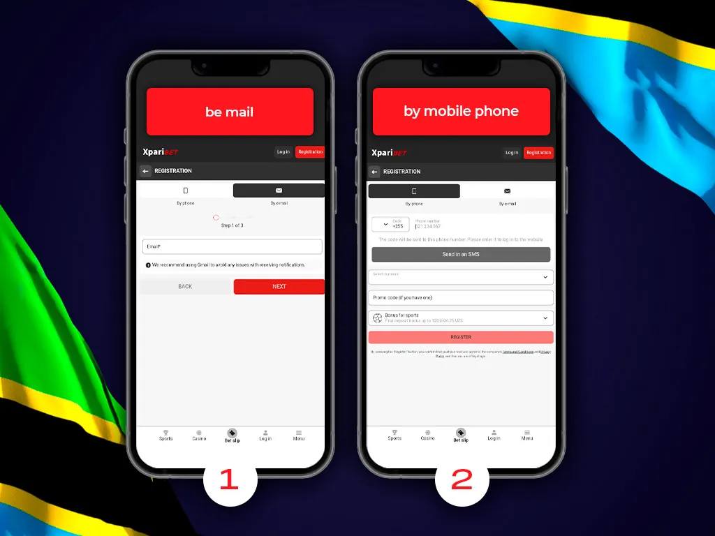 Xparibet registration form for Tanzania showing account details and promo code field